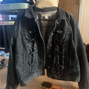 Lace-Up Black Denim Jacket with Button Front - Women's Jean Jacket